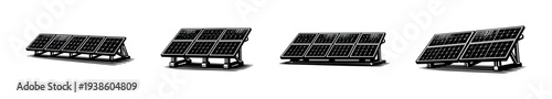 Silhouette of solar panels in black and white vector illustration set