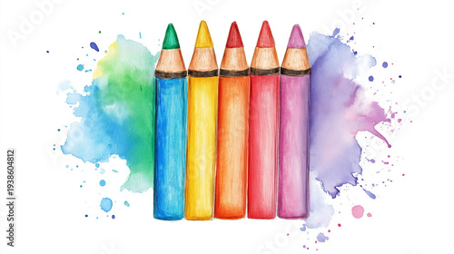 Colorful watercolor pencils on vibrant paint splashes background