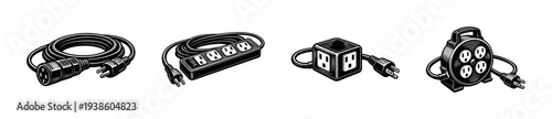 Black and white silhouette of various power extension cords and outlets set