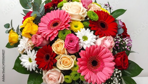Vibrant bouquet of mixed flowers gerberas, roses, chrysanthemums. Fresh petals and greens in a colorful, lively arrangement