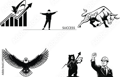 Stock market and finance icons with bull eagle and businessman