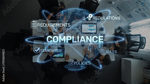 Fotografía Aerial view of a diverse group of professionals working on compliance strategies in an office setting, highlighted by digital elements representing regulations and policies