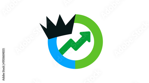 A graphic featuring a crown above an arrow symbol rising in a segmented circle