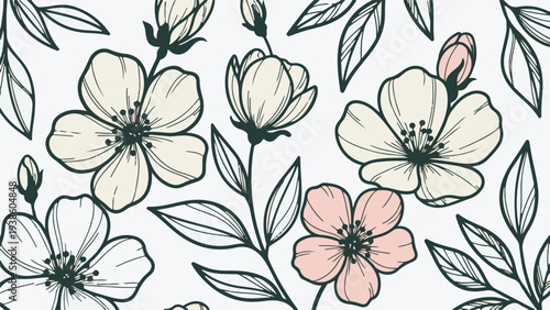 Elegant Hand Drawn Floral Background with Pink and White Blossoms