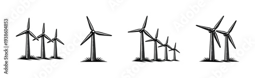 Wind turbine set in black and white silhouette illustration on white background