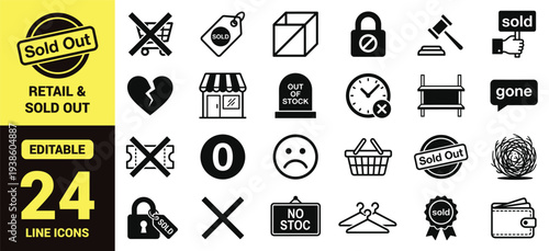 Retail and sold out icon set with product availability symbols including sold, out of stock, empty shelves, tickets, wallets, baskets, and essential retail ranking icons in clean line‑art style
