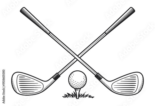 Crossed Golf Clubs And Ball Tee Silhouette Icon, vector illustration of golf equipment, sports symbol isolated on white background