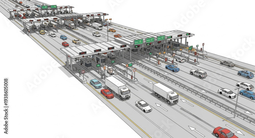 Busy highway toll plaza with many cars and trucks.