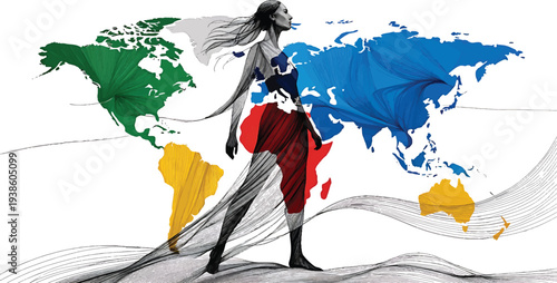Fashionable woman stands against a vibrant, multi-colored world map background suggesting global style and influence.