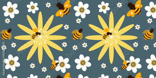 Cute spring nature pattern featuring honey bees, blooming flowers, and green leaves arranged in a decorative repeating background. Perfect for seasonal designs, nature themes, fabric prints, packaging