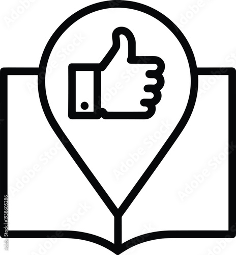 Book map pin icon, thumbs up symbol, education vector design, learning illustration, location approval graphic, study concept art, navigation logo
