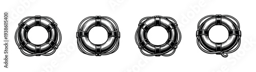 Vintage lifebuoy illustrations, nautical vector clipart set, black and white, maritime theme