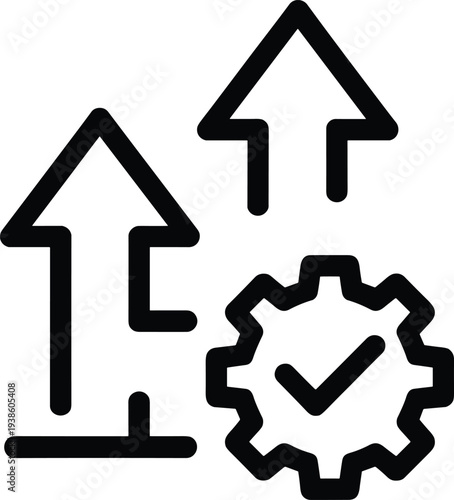 Business growth icon, upward arrows, gear with checkmark, optimization symbol, progress chart, technology improvement, analytics success, system upgrade, performance enhancement