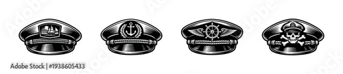 Set of nautical and aviation captain hats vector silhouette illustration in black and white