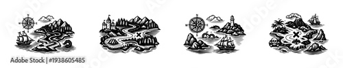 Vintage nautical landscape scenes with ships islands and map elements in black and white silhouette