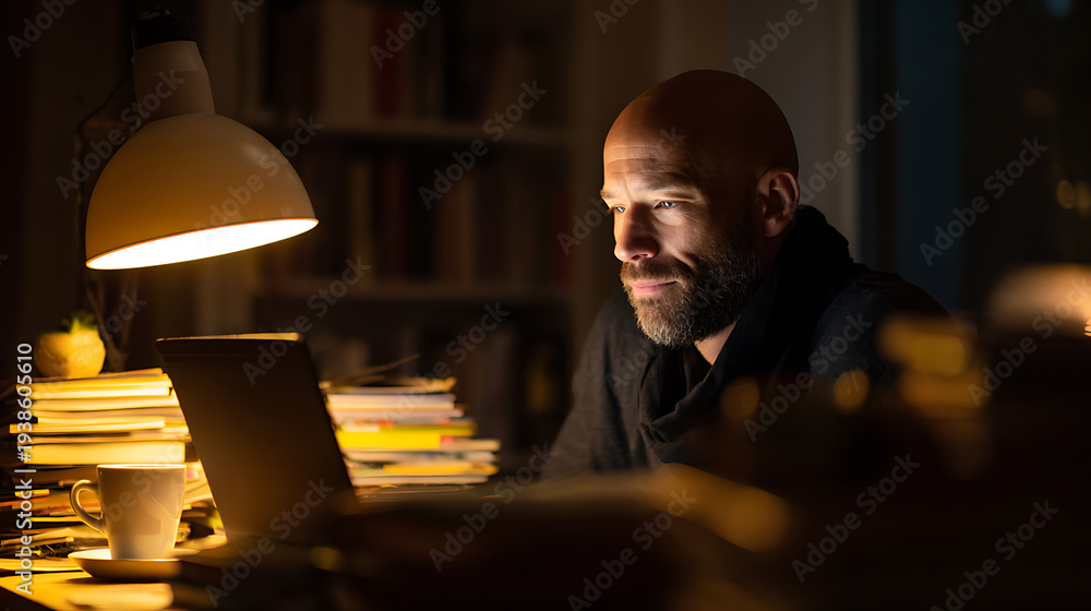 Fototapeta premium Focused adult man work with laptop computer in dark home office, illuminated by lamp light, surrounded by books, coffee cup, and tech