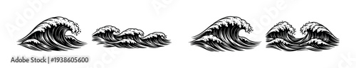 Black and white ocean waves silhouette vector, sea wave illustration set