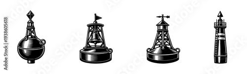 Nautical lighthouse and buoy vector set in black and white silhouette design