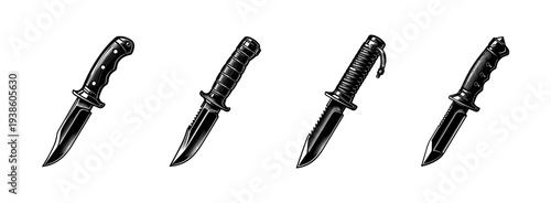 Black and white silhouette set of tactical knives vector illustration