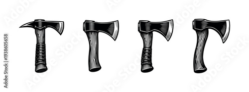 Set of four black and white axes vector illustration with detailed design