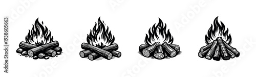Black and white campfire wood log illustrations in vector silhouette style
