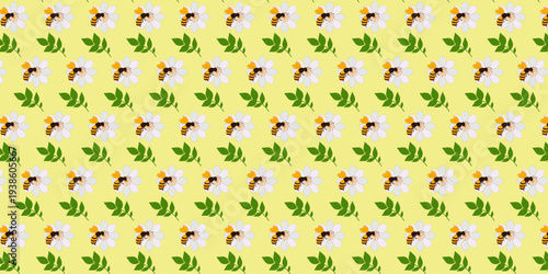 Cute spring nature pattern featuring honey bees, blooming flowers, and green leaves arranged in a decorative repeating background. Perfect for seasonal designs, nature themes, fabric prints, packaging