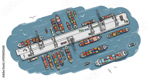 Aerial View of a Busy Shipping Port with Many Cargo Ships Docked.