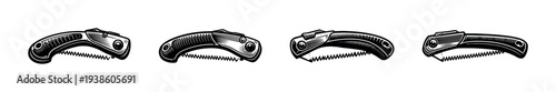 Vector illustration of hand saw tool set, black and white silhouette design