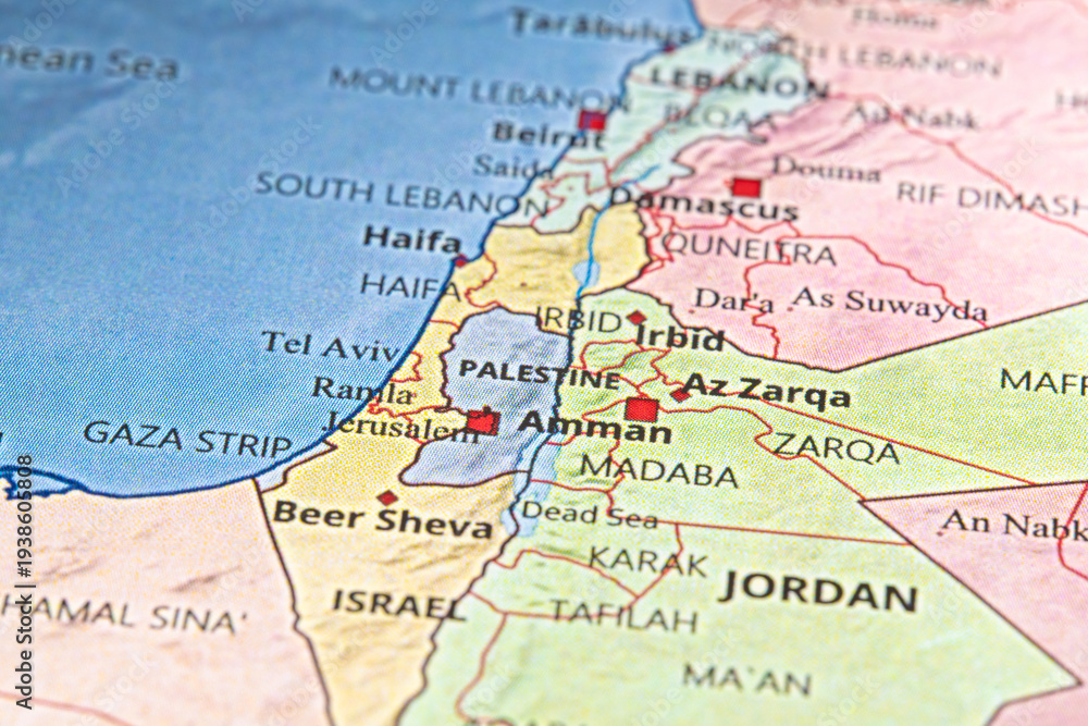 Fototapeta premium Detailed map of the Middle East showing Israel, Palestine, Jordan, and Lebanon