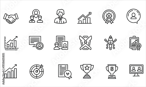 Collection of business and achievement icons in line art style