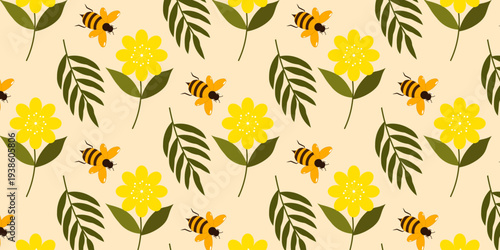 Cute spring nature pattern featuring honey bees, blooming flowers, and green leaves arranged in a decorative repeating background. Perfect for seasonal designs, nature themes, fabric prints, packaging
