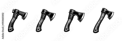Set of four vintage axe illustrations in black and white woodcut style