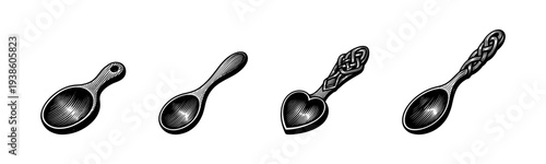Ornate handcrafted wooden spoons illustration set in black and white vector style