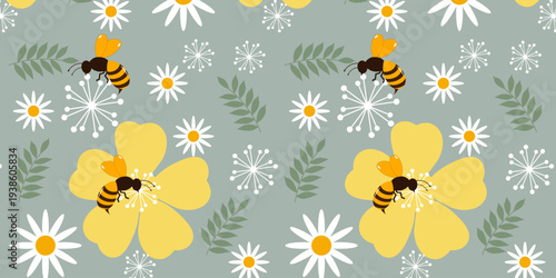 Cute spring nature pattern featuring honey bees, blooming flowers, and green leaves arranged in a decorative repeating background. Perfect for seasonal designs, nature themes, fabric prints, packaging