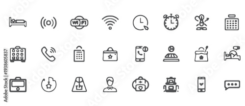 Collection of various line icons representing communication technology and business