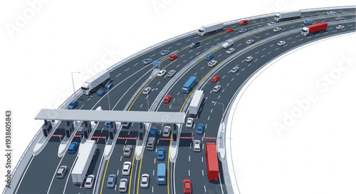 Busy highway toll plaza with multiple lanes of traffic.