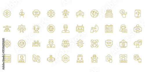 Collection of 36 blurry yellow and gray icons on a white background
