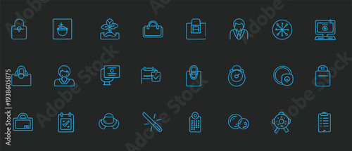 Collection of 25 blue neon style icons on dark background