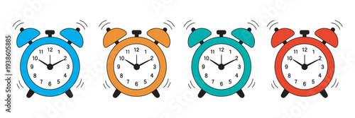 Alarm Clock Collection, set of colorful ringing alarm clocks in various styles, vector illustration for time management, reminders, and schedule planning