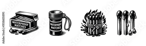Set of waterproof matches illustrations in black and white vector style