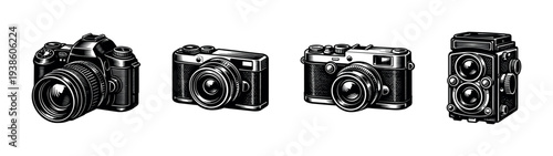 Vintage camera illustrations set in black and white retro style