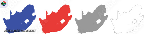 South Africa Map Vector Illustration 4 Variation Set with Blue, Red, Gray and Outline Country Silhouette Shapes Isolated on Transparent Background, Hand Made Geography Design, AI EPS10 JPG PNG.