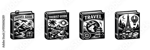 Black and white travel guide book illustrations with global travel themes