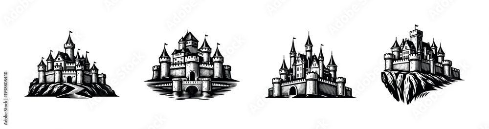 Obraz premium Black and white castle silhouettes set of four vector illustrations