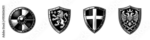 Set of four medieval shields with heraldic symbols in black and white vector illustration