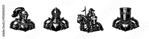 Medieval knight armor illustrations set silhouette vector with horse and helmets