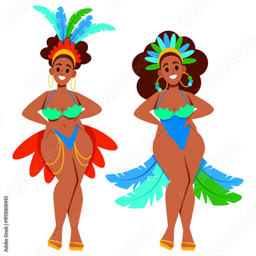 Set of Two Brasilian Women in Vibrant Carnival Costumes 