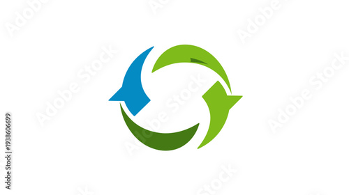 A circular composition with three arrows, each in a unique shade of green and blue on a white background