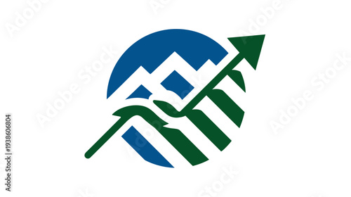 A graphic featuring a blue circle with mountains and an arrow that goes through it