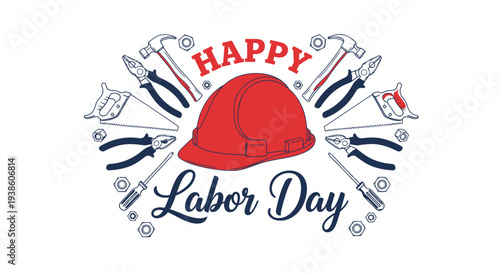 Labor Day icon with tools and hard hat vector